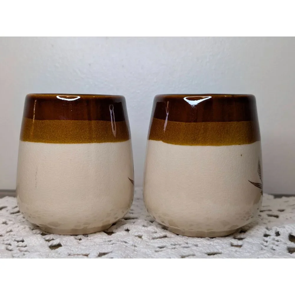 Vintage Autumn Wheat & Floral Stoneware Coffee Mugs Set of 2